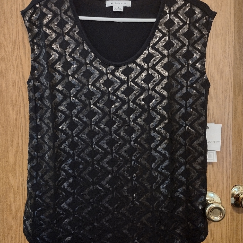 Liz Claiborne Med Black on Black Sequined Diamond Sleeveless Scoop Neck Tee